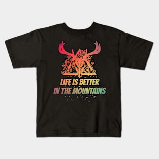 LIFE IS BETTER IN THE MOUNTAINS Dead Deer Skull Triangle With Flowers With Bright Colors Kids T-Shirt